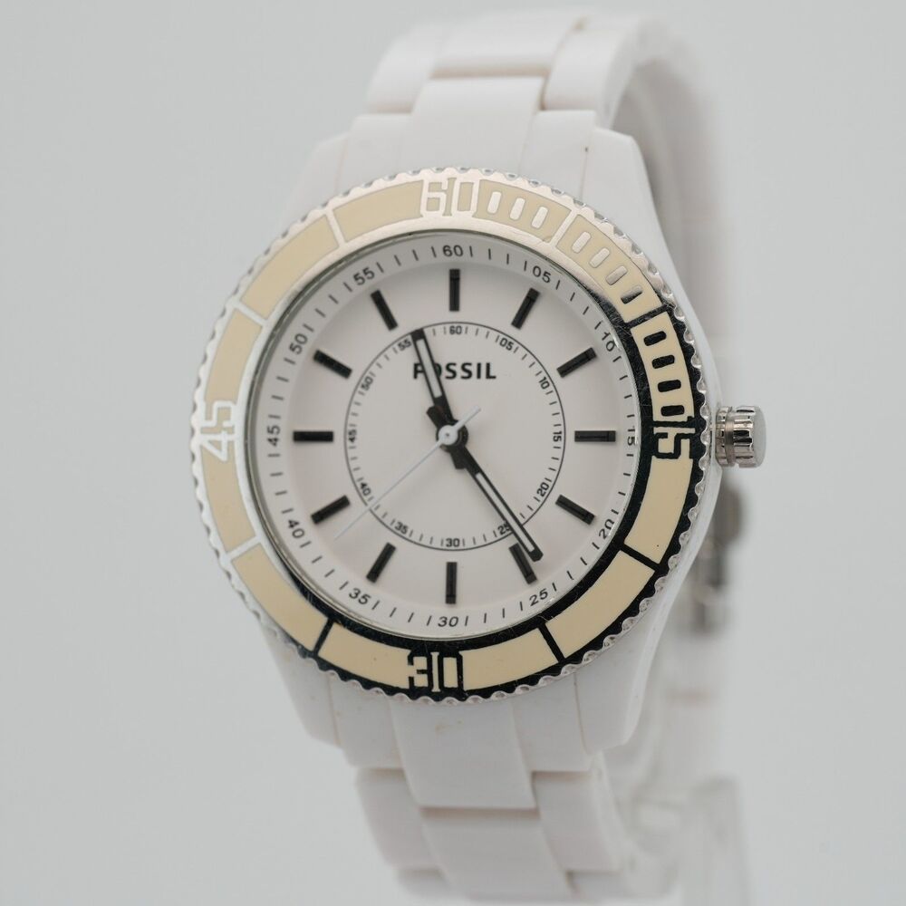 Fossil Stella ES-2442 White Resin Sport Luxury Watch 38mm New Battery Running